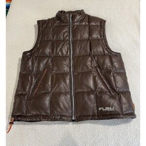 VTG FUBU Sport Vest Size 2XL Brown Leather Reversible Blue Puffer Down Vintage